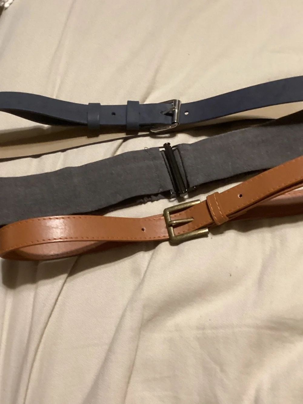 Three-Piece Women’s Belt Set — Navy, Gray, and Brown